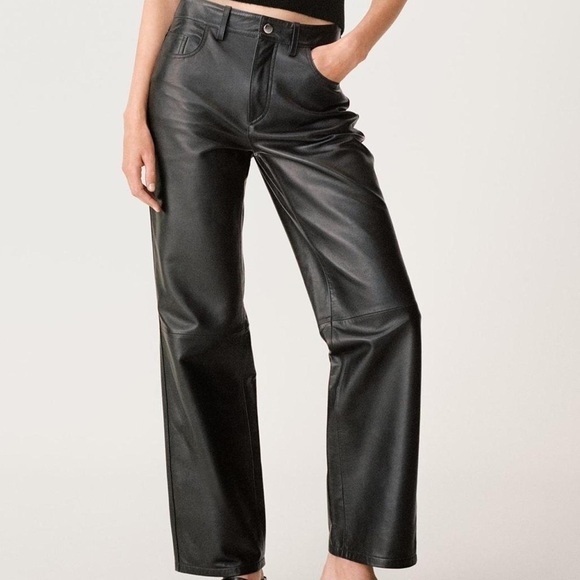 Zara Denim - Zara Faux Leather Straight Leg Pants Black High Rise Vegan Leather Size 2 NWT